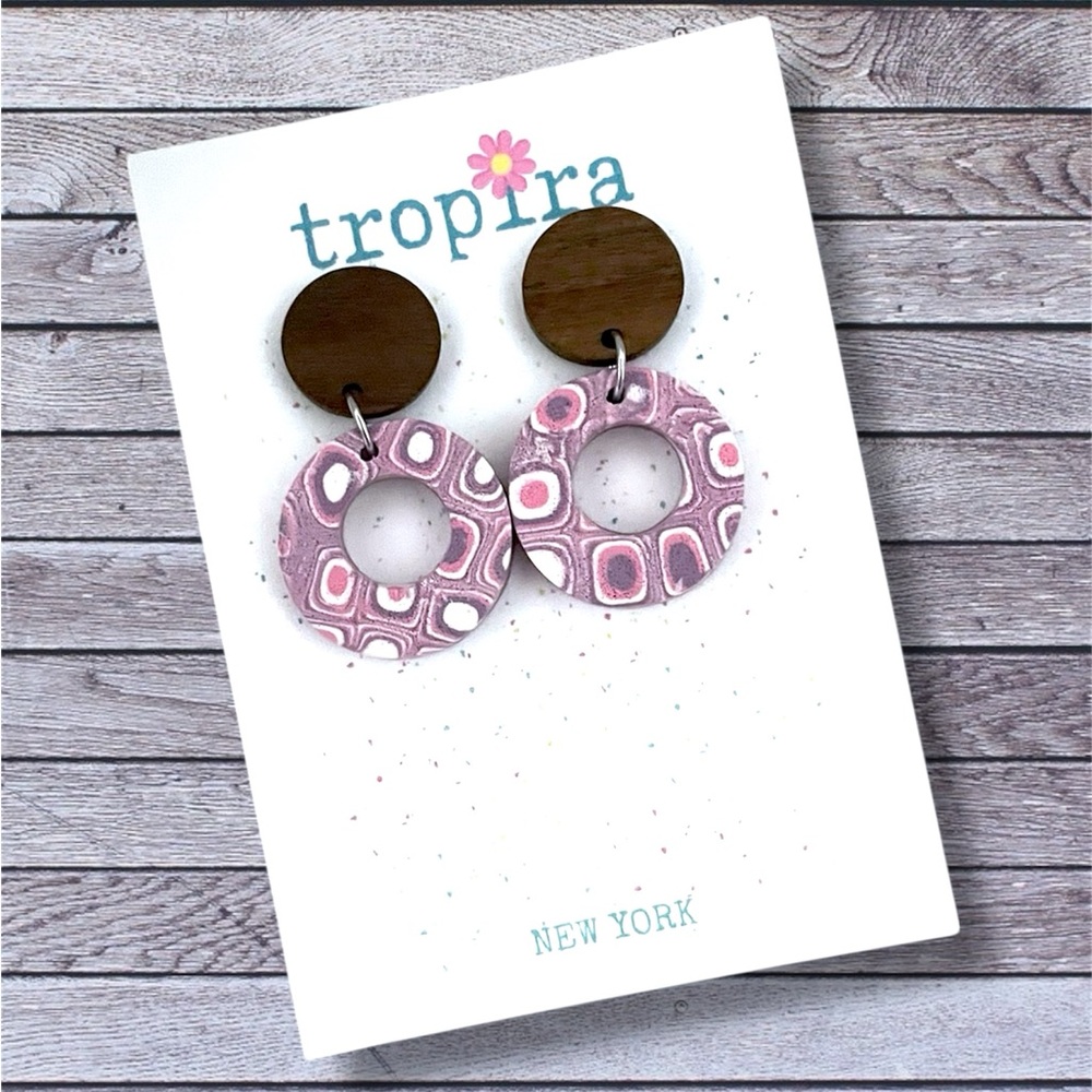 Mokume Gane Pink Purple Patterned Wooden Polymer Clay Earrings
